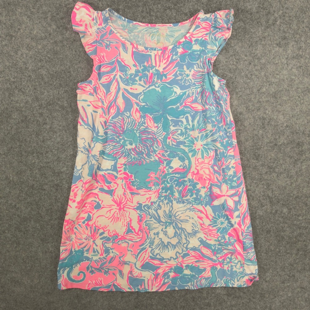 Lilly Pulitzer Girls Pink Blue Floral Ruffle Shift Dress 001946 Kids L 8-10